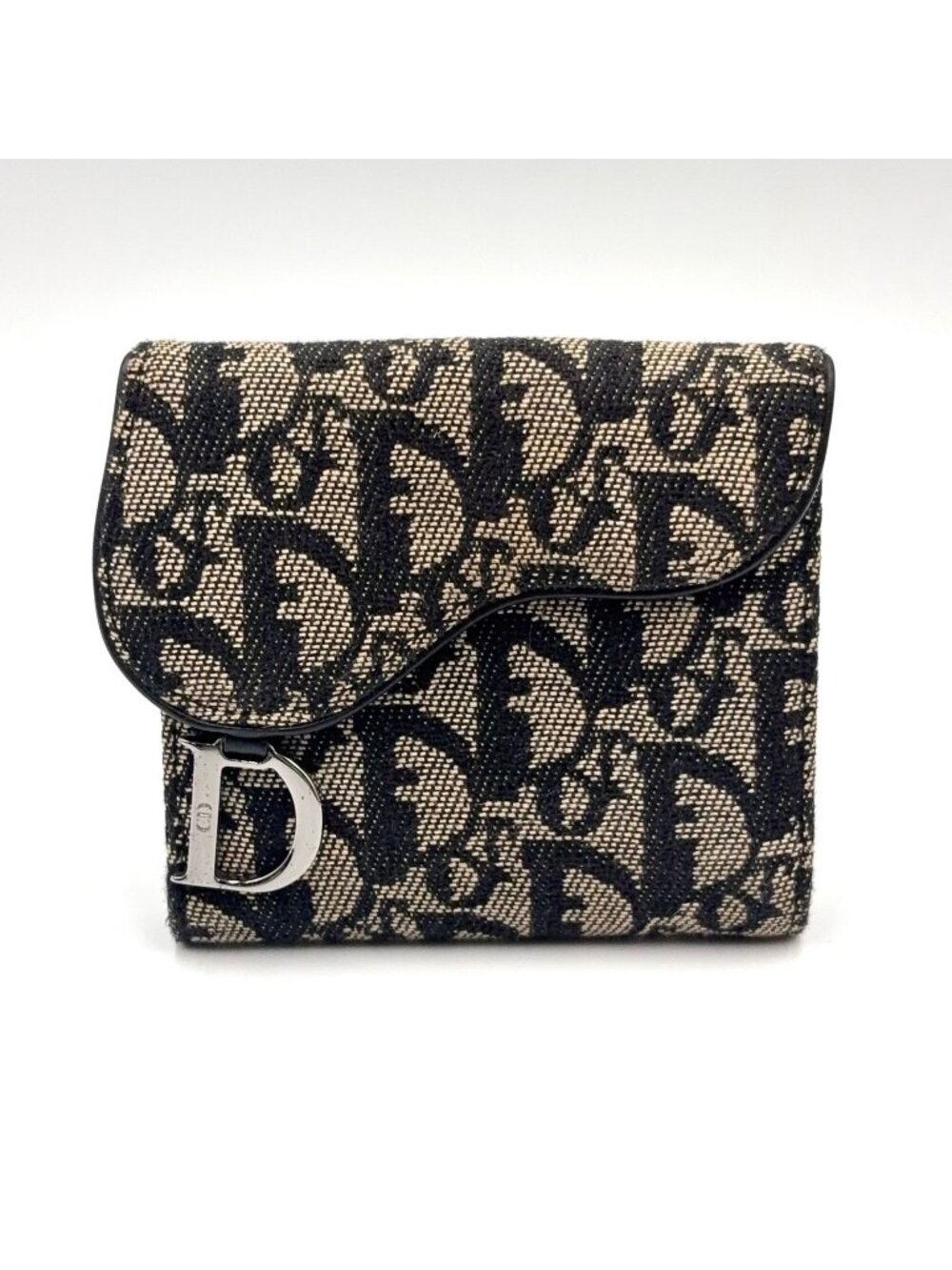 Dior Trotter Pattern Saddle Shape Leather Canvas Navy Bifold Wallet Silver